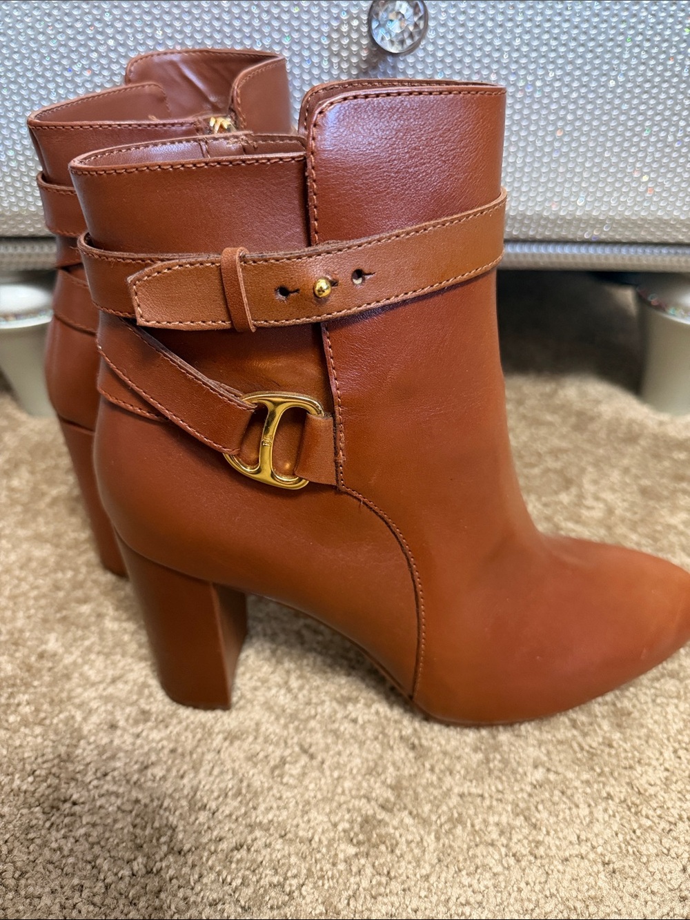 Lauren Ralph Lauren Cognac Brown Leather Ankle Boots with Gold Buckle